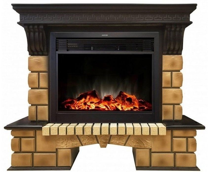 Электрокамин с широким очагом 2D Real-Flame Stone Brick 26 с очагом Moonblaze lux Bl/Br