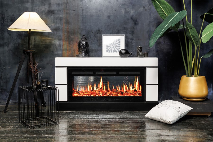 Линейный электрокамин Royal Flame Modern белый с черным c очагом 5D V-ART 40