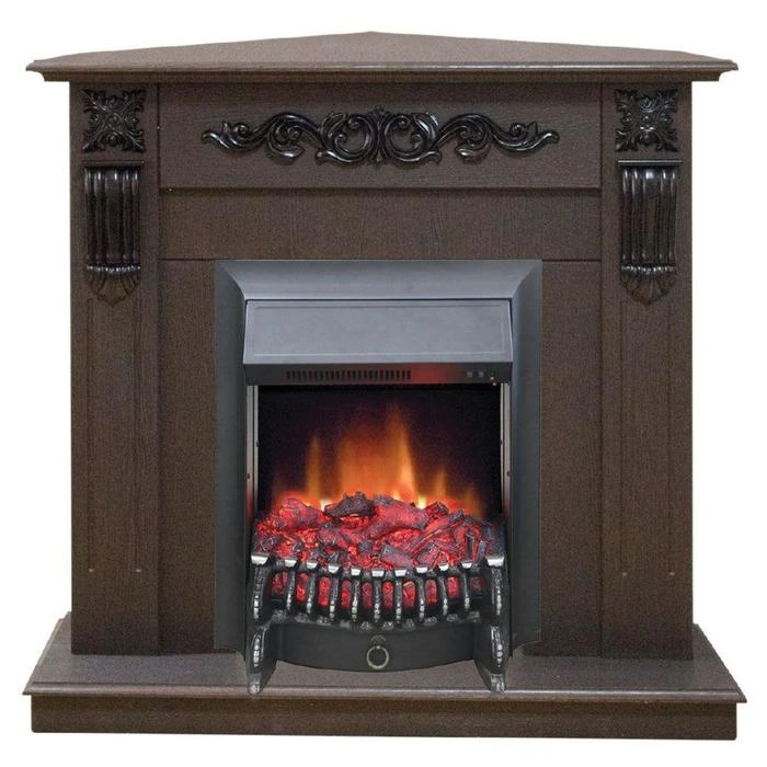 Угловой камин с эффектом живого пламени Real-Flame Dominica Corner STD/EUG DN с очагом Fobos s Lux BL/BR, Majestic s Lux BL/BR