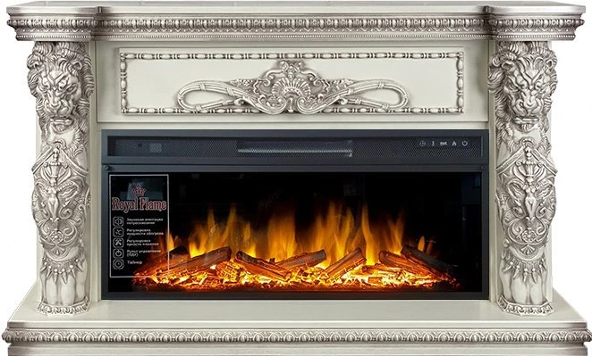 Линейный электрокамин Royal Flame Windsor 42 (слоновая кость с темной патиной) с очагом Vision 42 LOG LED