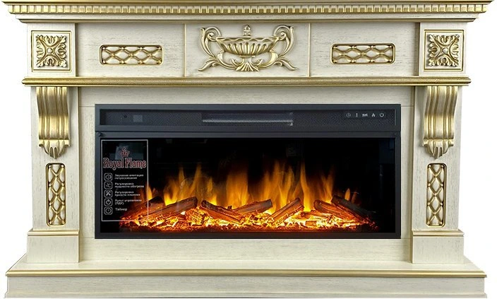 Линейный электрокамин Royal Flame Corsica (cлоновая кость с патиной) с очагом Vision 42 LOG LED