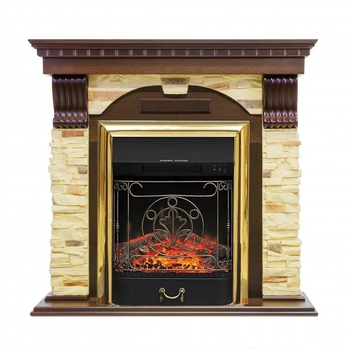 Электрокамин с классическим очагом 2D Royal Flame Dublin арочный сланец с очагом Majestic Black/Brass (Темный дуб)