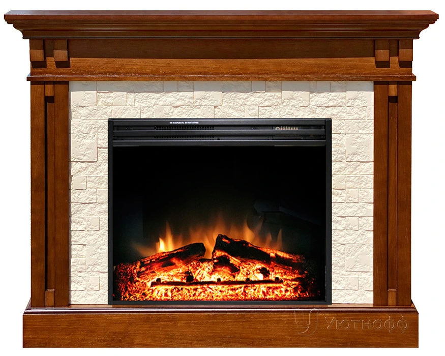 Электрокамин с широким очагом 2D Royal Flame Cambridge Umbra Grey камень бежевый с очагом Jupiter FX New (тёмный дуб)