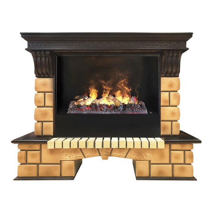 Электрокамин с широким очагом 3D Real-Flame Stone Brick 26 AO с очагом 3D Cassette 630 (Black вставка)