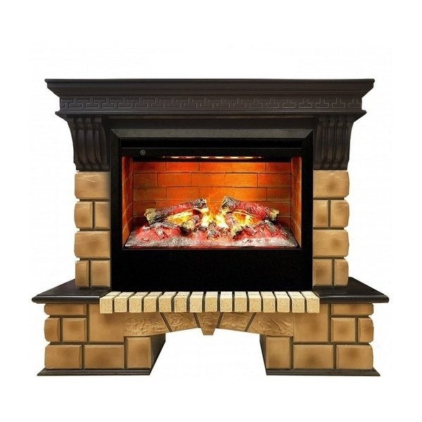 Электрокамин с широким очагом 3D Real-Flame Stone Brick 26 с очагом 3D Helios 26